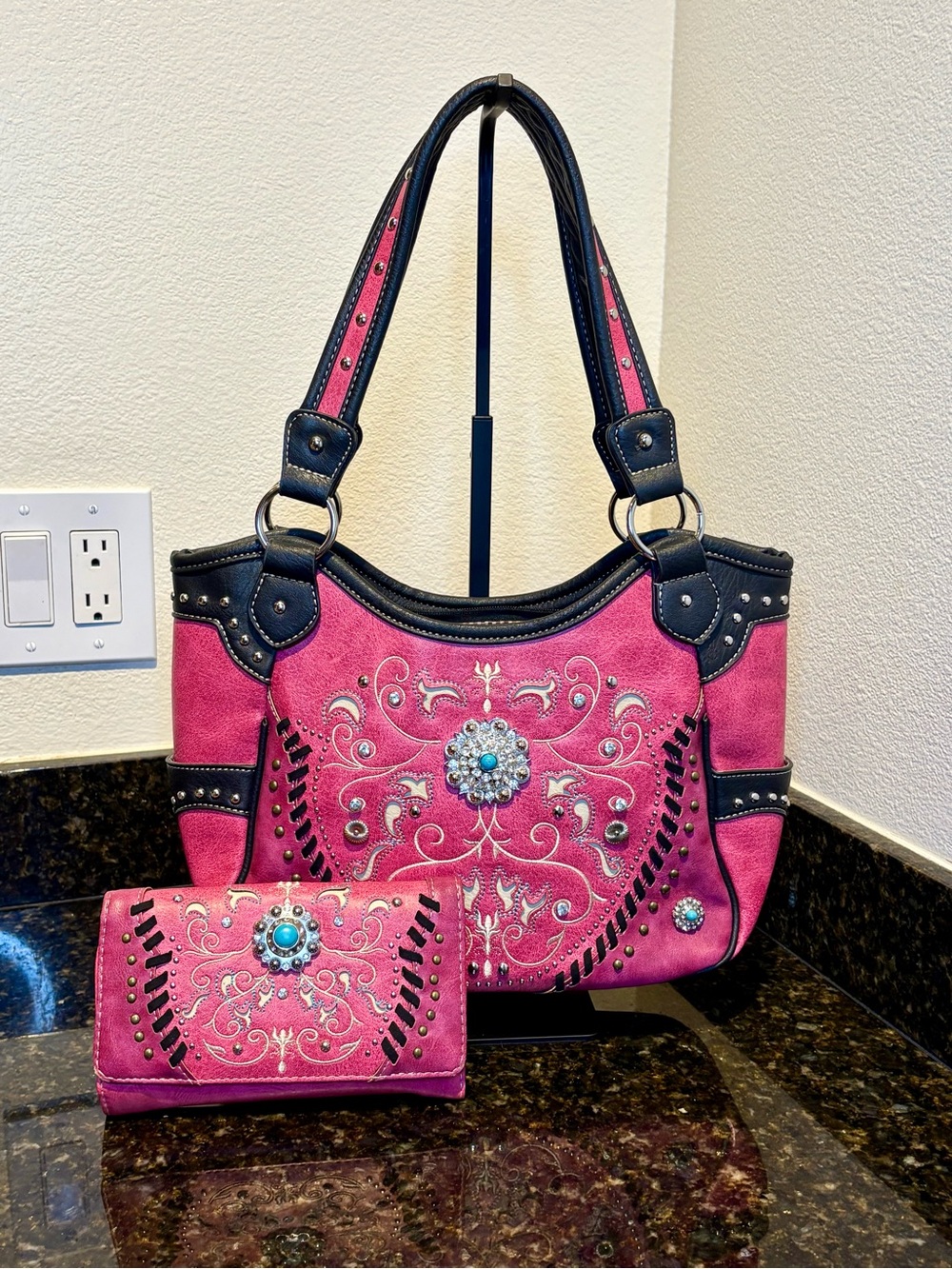 Pink Faux Leather Conceal Carry Tote Bag with Matching Wallet